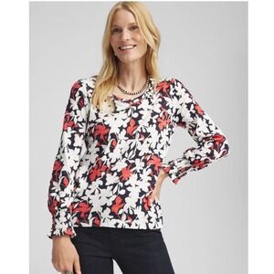 NWT Chico's Top Floral Smocked Sleeve Tee Sz 2/L Cotton Modal Casual Spring